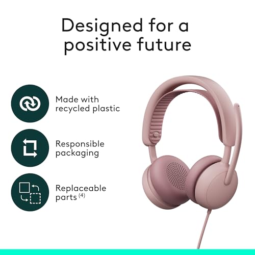 Logitech Zone Wired 2 Noise Canceling Headset with Adaptive Hybrid - Rose | Noise-canceling, USB-C connection, USB-A adapter included - color: Rose, style: Wired