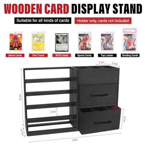 5-Tier Trading Card Display Stand,Large Card Display Case with 2 Drawers & 9 Compartments,Wooden Graded Sports Card Display Holds 200+ PSA/BGS/SGC Slabs to Showcase and Protect Your Collection - size: 24*6.7*16.1in
