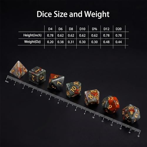 Natural African Bloodstone Dice Set, 7-Piece Hand-Carved Gemstone Polyhedral Dice for Dungeons & Dragons (D&D), Pathfinder, MTG, Tabletop RPG Gaming, Heavy Stone Dice with Gold Numbers (Bloodstone) - color: Bloodstone