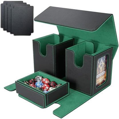 AFIING MTG Commander Card Storage Box - Fits 200 Double Sleeved Cards,3-in-1Card Deck Case,Strong Magnet Card Organizer For Magic Commander TCG CCG,4Dividers &2 Toploaders, Black/Green - color: Black Green