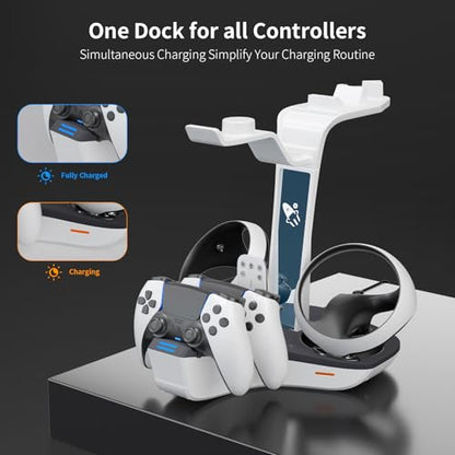 AceGamer Dual Charging Station for PS5 and VR2 Controllers, 4-In-1 Charging Dock for PS VR2 with VR Headset Display Stand, Headphone Holder, LED Lights & 3*Magnetic Connectors, Electronics Accessories