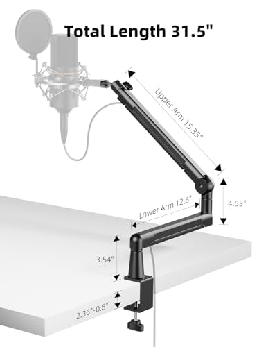 TODI Mic Stand Desk, Low/High Profile Mic Arm Bear 4.5LBS with Extension Riser, Adjustable All Metal Desk Microphone Stand with Cable Channel, Boom Arm Mic Stand with 3/8'' 5/8'' Interface - color: Metal Black