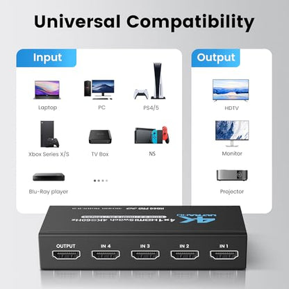 NEWCARE HDMI Switch 4 in 1 Out 4K@60Hz, 4x1 HDMI Splitter Switcher with IR Remote, 4 Port HDMI Selector Box Support HDMI2.0, Dolby Vision/Atmos, HDR10 for Switch, Xbox, PS5/4, Roku, Fire Stick