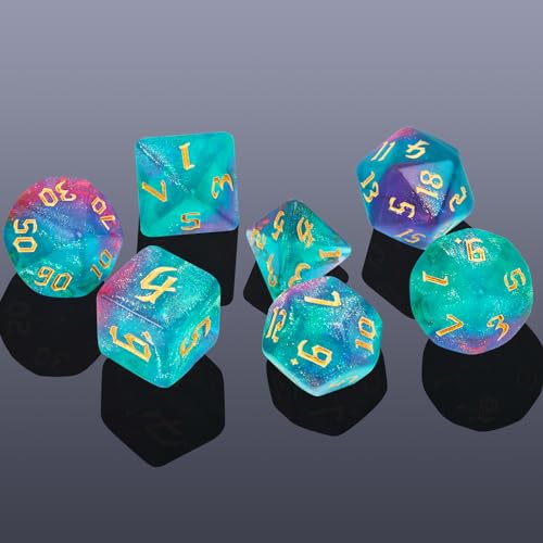 7Pcs Polyhedral Dice Set with Black Storage Bag(Green&Purple+Nebula) | Classic dice set for RPG Polyhedral Dice for Dungeon and Dragons Playing Games 7-Die Set - color: Green&purple+nebula Dice