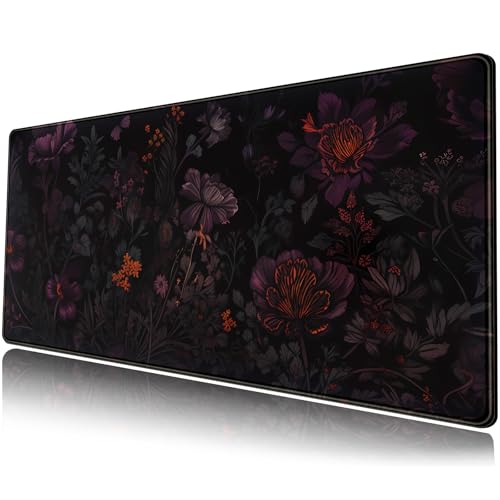 Dark Cottagecore Desk Mat Black Purple Flower XL Mouse Pad Large Gaming Mousepad Extended Vintage Aesthetic Desk Pad Keyboard Mouse Mat 31.5 x 11.8 in for Work Game Office Decor - color: Cottagecore