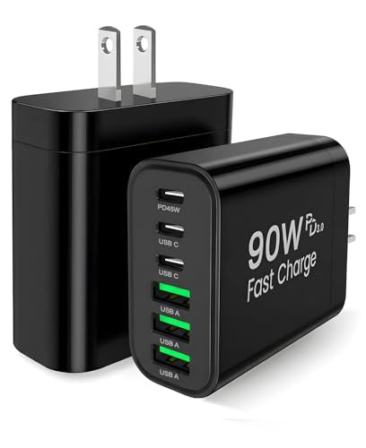 90W GaN USB C Charger Block [2 Pack],6-Port USB C Wall Charger Fast Charging 45W PD Power Adapter for MacBook Air/iPad Pro/iPhone 17Pro Max/Samsung Galaxy S24 Ultra/Tabs for Home Travel (Black, Two) - color: Black, size: Two