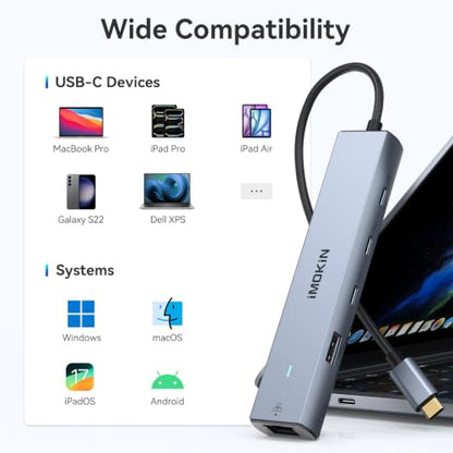 MOKiN 10Gbps USB C Hub Ethernet, 7 in 1 USB C Adapter for MacBook Pro/Air with 4K@60HZ HDMI, 3*USB-C 10Gbps Data, RJ45, USB 2.0, 100W PD, USB C Dongle for MacBook Pro/Air/Dell/HP/Thinkpad/Lenovo. - color: Gray