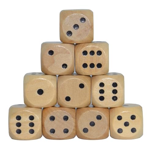 Set of 10 16MM Six Sided D6 Round Wooden Dice Set (Wood) - color: Wood