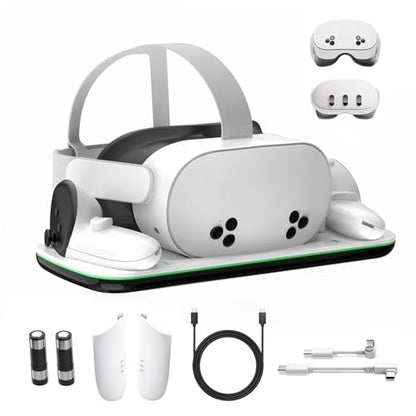 Charging Dock Compatible with Meta Oculus Quest 3/3S, VR Headset Controller Accessories, Charging Station with Closable LED Indicator, Magnetic Charging, Fast Charging, 2 Rechargeable Batteries