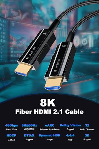 8K Long HDMI 2.1 Cable 25ft, Fiber Optic HDMI Cable Braided Cord, High Speed Active HDMI Cable, 48Gbps, 8K@60Hz 4K@120Hz, Dynamic HDR, eARC, HDCP 2.2&2.3, 3D, for HDTV Monitor Game Laptop Xbox PS4/PS5 - size: 25ft (Fiber-Unidirectional)