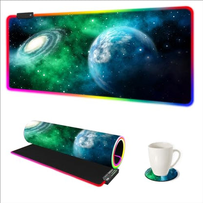 Large RGB Gaming Mouse Pad, Led Big Mouse mat with 14 Light Modes, Extended Soft Computer Keyboard Mat Non-Slip Rubber Base, Green Planet Nebula - color: Green Planet Nebula