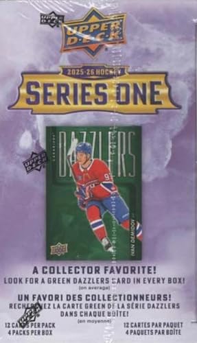 2025 2026 Upper Deck Series One Hockey Unopened Blaster Box of Packs with a Young Guns Rookie Card, an OPC Glossy Card, an Encore Insert and Green Dazzler Card Plus