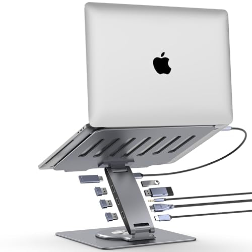 Adjustable Laptop Stand for Desk with Docking Station 9-in-1, Aluminum Laptop Riser with USB Hub, 360° Swivel, Dual Display 4K60Hz HDMI, 3 USB3.0, 100W PD Charging, for MacBook Pro Air/Dell/HP 7-15.6" - size: 9-in-1 Hub Laptop Stand