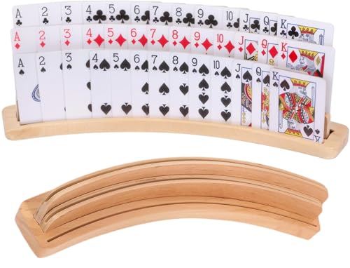 Curved Wooden Playing Card Holder Tray Rack Organizer Set of 2 Solid Card Holder for Adults, Seniors, Kids - 14 x 2.5 x 2.5Inch for Bridge Canasta Strategy Card Playing