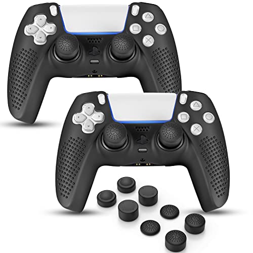 PS5 Controller Skin, Anti-Slip Soft Silicone Protective Cover Case for PlayStation 5 Controller Grip Accessories, 2 Pack with 8 x Thumb Grip Caps (Black&Black) - color: Black&Black