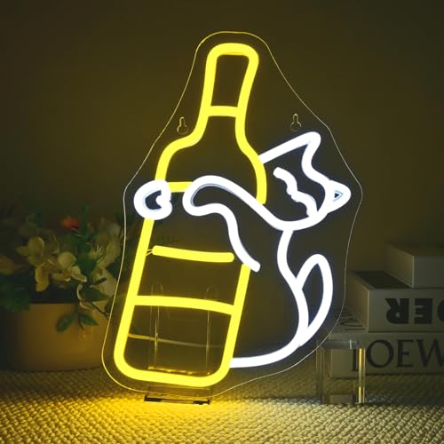 Cat Neon Sign Dimmable Wine Bottle LED Wall Night Light for Bar Decor | 12.9in*9.4in,USB powered,Five level brightness adjustment,For Bar,Club,Party,Bedroom,Home,Kitchen,Private Space - color: Drunk Cat