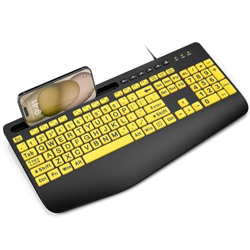 SABLUTE Large Print Keyboard Wired Computer Keyboards with Wrist Rest, Phone Holder, Big Letters Easy to Read Compatible Windows, Desktop, Laptop, Yellow - color: Yellow&Black