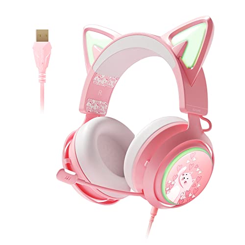 EASARS Pink Gaming Headset GS510, Wired, Over Ear, Cat Ear Design with RGB Lighting, 7.1 Surround Sound, Retractable Mic, Compatible with PC, PS4, PS5 - color: Pink, style: Wired