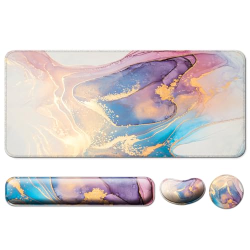 4 in 1 Mouse Pad and Keyboard Wrist Rest,Large Desk Mat,Coaster Set-Marble | Desk Matt For Desktop Wrist Rest Support XXL Gaming Cute Ergonomic for Computer Laptop Women Office Home Decor - color: D2-blue Marble