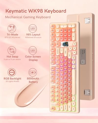 Keymatic Foundation Mechanical Keyboard,98% Pink Creamy Keyboard Gaming Keyboard,3 Mode with Multimedia Screen,RGB Backlit,Jelly MOA Profile keycaps for Win/Mac,Pink - color: Pink