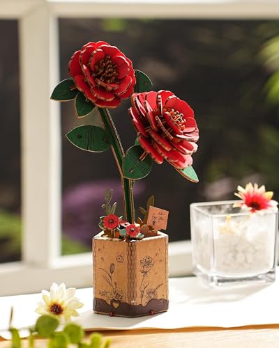 3D Flower Wooden Puzzles for Adults-Red Camellia, DIY Wooden Flowers Model Kit Building Set Crafts Birthday Gifts, Artificial Botanical Collection Creative Gift Idea/Housewarming (113PCS) - style: TW - Red Camellia