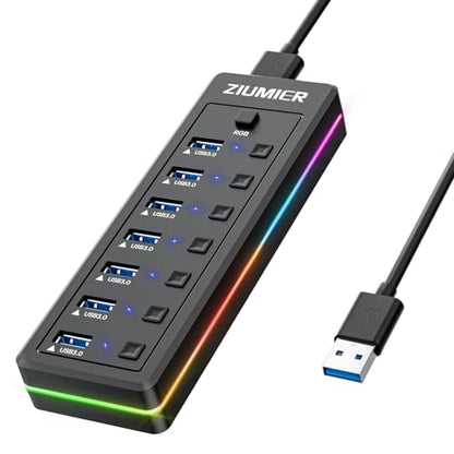 USB Hub with RGB LED Strip,7 Port USB Splitter for PC,Gaming | USB 3.0 Hub Data Transfer - Individual LED On/Off Switches for Laptop, PC, Mouse, Keyboard, Hard Drive - style: 7 PORT