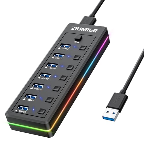 USB Hub with RGB LED Strip,7 Port USB Splitter for PC,Gaming | USB 3.0 Hub Data Transfer - Individual LED On/Off Switches for Laptop, PC, Mouse, Keyboard, Hard Drive - style: 7 PORT