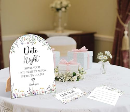 51 Pc Wildflower Date Night Ideas Game, Boho Flowers Bridal Shower Game, 6x8 Inch Arch Wooden Sign with Stand and 50 Date Night Cards, Wedding Shower Decor - YHZ06 - color: Wildflower06