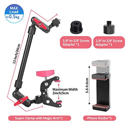 13"/34cm Magic Arm w Clamp, Camera Mount & Clamp w 1/4" 3/8" Threads and Articulating Friction Magic Arm, Overhead Phone Mount, Camera Boom Arm Mount for Light Webcam Mic Action Camera Monitor - size: 13IN-RB