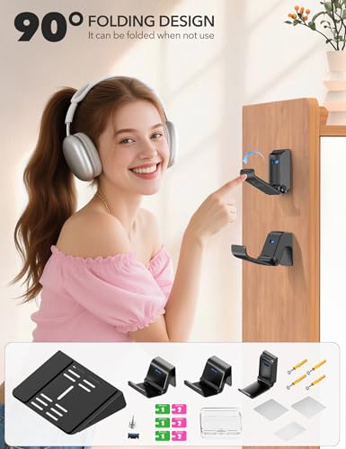 PS5/Slim/Pro Wall Mount with Headset & Controller Holder, Premium PS5 Metal Shelf Floating Mount, Universal 2 Packs Controller Stand and Headphone Stand, Game Accessries for All Playstation 5 Console