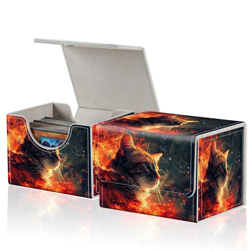 for MTG Commander Deck Box,Card Deck Box for Trading Yugioh MTG,Fits 100 Double Sleeved Cards,PU Leather Strong Magnet Case for Magic Commander TCG CCG,Fire Glitter Cat - color: Fire Glitter Cat