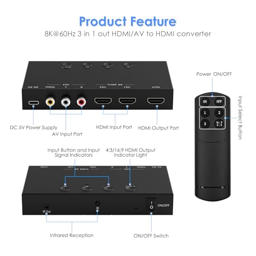 3-Port 8K@60Hz HDMI Switch with AV Input, 2X HDMI & 1x RCA to HDMI Converter Supports HDR10, HDCP 2.2, 3D with IR Remote Control, Compatible with Xbox/PS2/Nintendo Switch,Xbox,PS5/PS4,Roku,Apple TV - size: 8K@60Hz 2x HDMI & 1x RCA