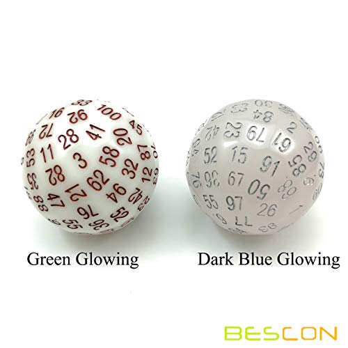 Bescon Super Jade Glow in Dark Polyhedral Dice 100 Sides, Luminous D100 die, 100 Sided Cube, Glowing D100 Game Dice - color: Jade Glowing