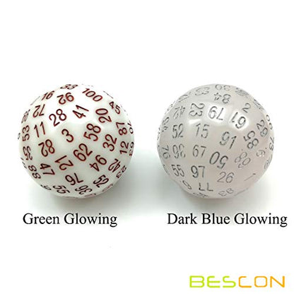 Bescon Super Jade Glow in Dark Polyhedral Dice 100 Sides, Luminous D100 die, 100 Sided Cube, Glowing D100 Game Dice - color: Jade Glowing