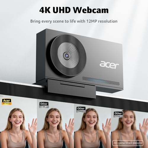 Acer 4K Webcam for PC/Mac with All-Metal Unibody Sculpted, Sony 1/2" Sensor, PDAF, 2 Noise Reduction Mics, Privacy Cover, Lightweight, Fast Cooling, Streaming Camera for Live Meeting Commerce Gaming