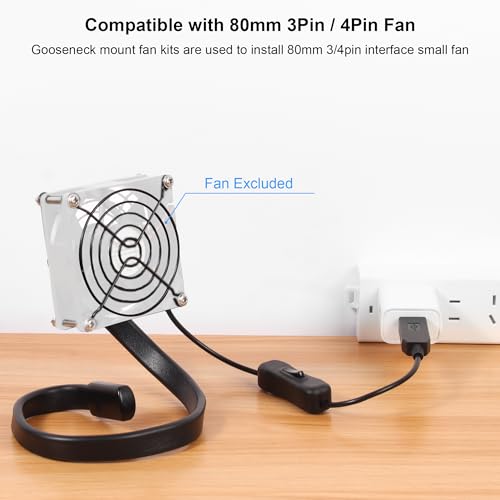 3.15" 80mm Grill Guard with Gooseneck Mount and 3pin/4pin Adapter Cable | Compatible with 3.15" 80mm Case Fan, for PC Desktop AV Entertainments Network Rack Grow Tent and More DIY Cooling Project - size: 80×80mm