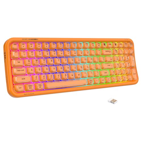 FOPETT Wireless Computer Keyboard with RGB Backlit, Tri-Mode Bluetooth 5.0/USB-C/2.4GHz Ergonomic Gaming Keyboard - Full-Size Rechargeable Transparent Keycap for Laptop/Windows/PC - Orange - color: 732 Orange