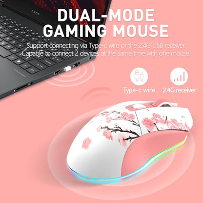 DAREU Sakura Pink Wireless Gaming Mouse with Charging Dock Rechargeable RGB,12K DPI,6 Programmable Buttons High-Precision Sensor [300IPS] [1000Hz] for PC Notebook Mac - color: Sakura Pink & Charging Dock