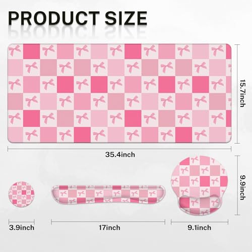 Arttown Pink Bow Checkered Desk Mat Cute Retro Kawaii Mouse Pad Set 4 in 1 Ergonomic Design Large Mouse Pad + Keyboard Wrist Rest + Mouse Wrist Rest + Coaster Suitable for Home Office Study Game - color: Pink bow lattice
