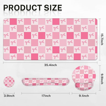 Arttown Keyboard Mouse Pad Set, 4 in 1 Desk Mat Set Kawaii Cute | Pink Checkered Bow Large Mousepad+Keyboard Wrist Rest+Mouse Wrist Rest+Coaster Ergonomic Design for Home Office Computer - color: Pink bow lattice