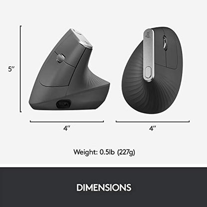 Logitech MX Vertical Wireless Mouse Ergonomic Design - Graphite | Reduces muscle strain, move content between 3 Windows and Apple computers, rechargeable