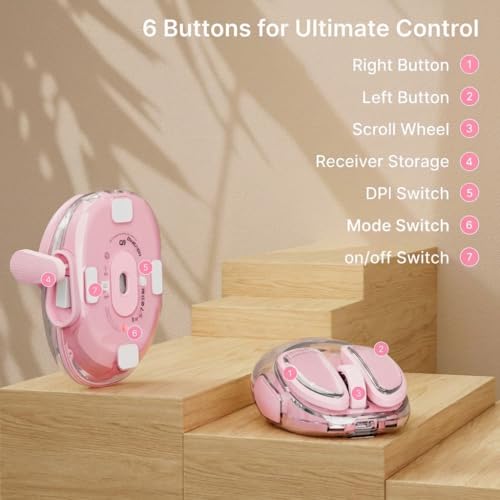 SEUNKWANG Q9 Transparent Wireless Mouse with RGB Lighting, Compact Multi-Device Bluetooth & 2.4G Computer Mouse, Rechargeable, Quiet Clicks, 4800 DPI Cute Mice for Laptop, PC, Mac, iPad - Pink - color: Pink