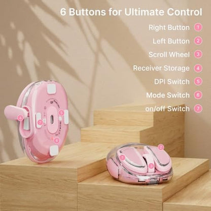 SEUNKWANG Q9 Transparent Wireless Mouse with RGB Lighting, Compact Multi-Device Bluetooth & 2.4G Computer Mouse, Rechargeable, Quiet Clicks, 4800 DPI Cute Mice for Laptop, PC, Mac, iPad - Pink - color: Pink