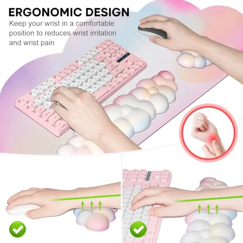 JIKIOU Ergonomic Keyboard Wrist Rest &Large Mouse Pad&Mouse Wrist & Cup Pad | Cute Cloud Shape, 4 in 1 Memory Foam Desk Mat, Ultra-smooth Surface, Savior of Wrist Pain, Anti-slip Rubber Base, Waterproof - color: 01Rainbow