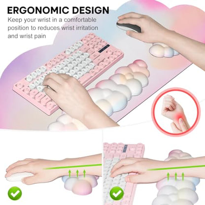 JIKIOU Ergonomic Keyboard Wrist Rest &Large Mouse Pad&Mouse Wrist & Cup Pad | Cute Cloud Shape, 4 in 1 Memory Foam Desk Mat, Ultra-smooth Surface, Savior of Wrist Pain, Anti-slip Rubber Base, Waterproof - color: 01Rainbow