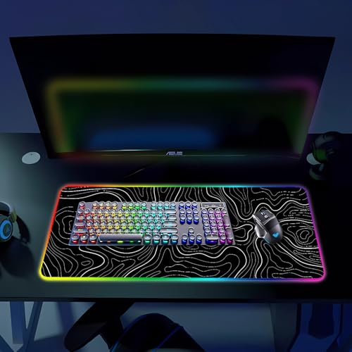 RGB Gaming Mouse Pad, Large Mouse pad with Led Light, Black Lines Non-Slip Rubber Base Big Mouse Mat for Gamer, 31.5 X 11.8 Inch - color: 14 Topographic Line