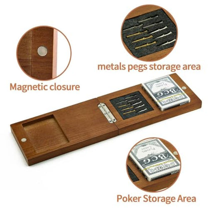 Wooden Cribbage Board Game Set, Travel Cribbage Board with Storage and Collapsible, with Magnetic Lock / 9 Metal Pegs/Full Deck of Cards, Family Board Games for Adults