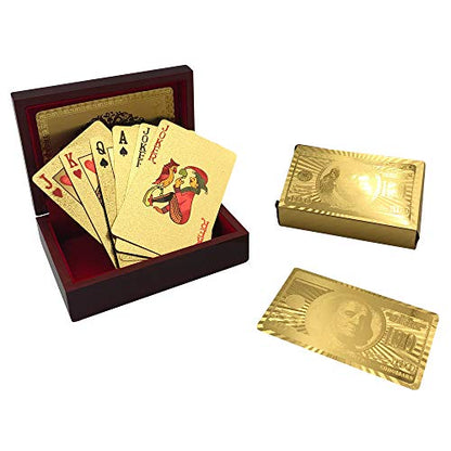 Yuanhe Gold Deck of Cards - Waterproof Playing Cards Luxury Playing Cards with Wooden Gift Box,Great for Poker Cards Game, Game Nights and Casino Party - size: 2.244X3.425 inch, bridge size cards