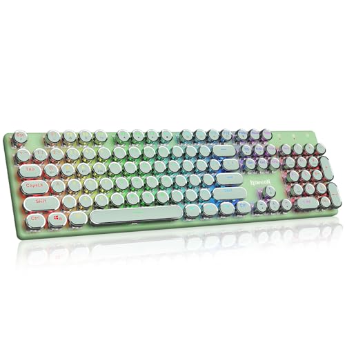 Redragon K710 Wireless Typewriter Mechanical Gaming Keyboard, Green | Bluetooth/2.4Ghz/Wired, RGB Led Backlit, Blue Switch - Clicky, Rechargeable 4000mAh, Solid Metal Panel, Round Keycaps - color: Green