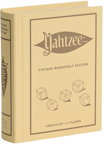 WS Game Company Yahtzee Vintage Bookshelf Edition Classic Dice Game Set | Linen-Wrapped Book Box, Integrated Storage, Retro Design, Deluxe Rolling Tray, 1 or more players, Adults and Kids 8 and up
